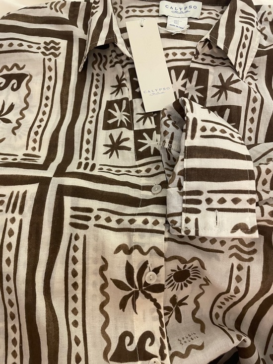 New Calypso St. Barth resort Print Cream/Brown Button Down Shirt Top Cotton Sz L - Picture 7 of 10